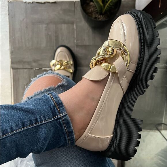 Taupe Chain Strap Platform Loafers - Picture 3 of 9